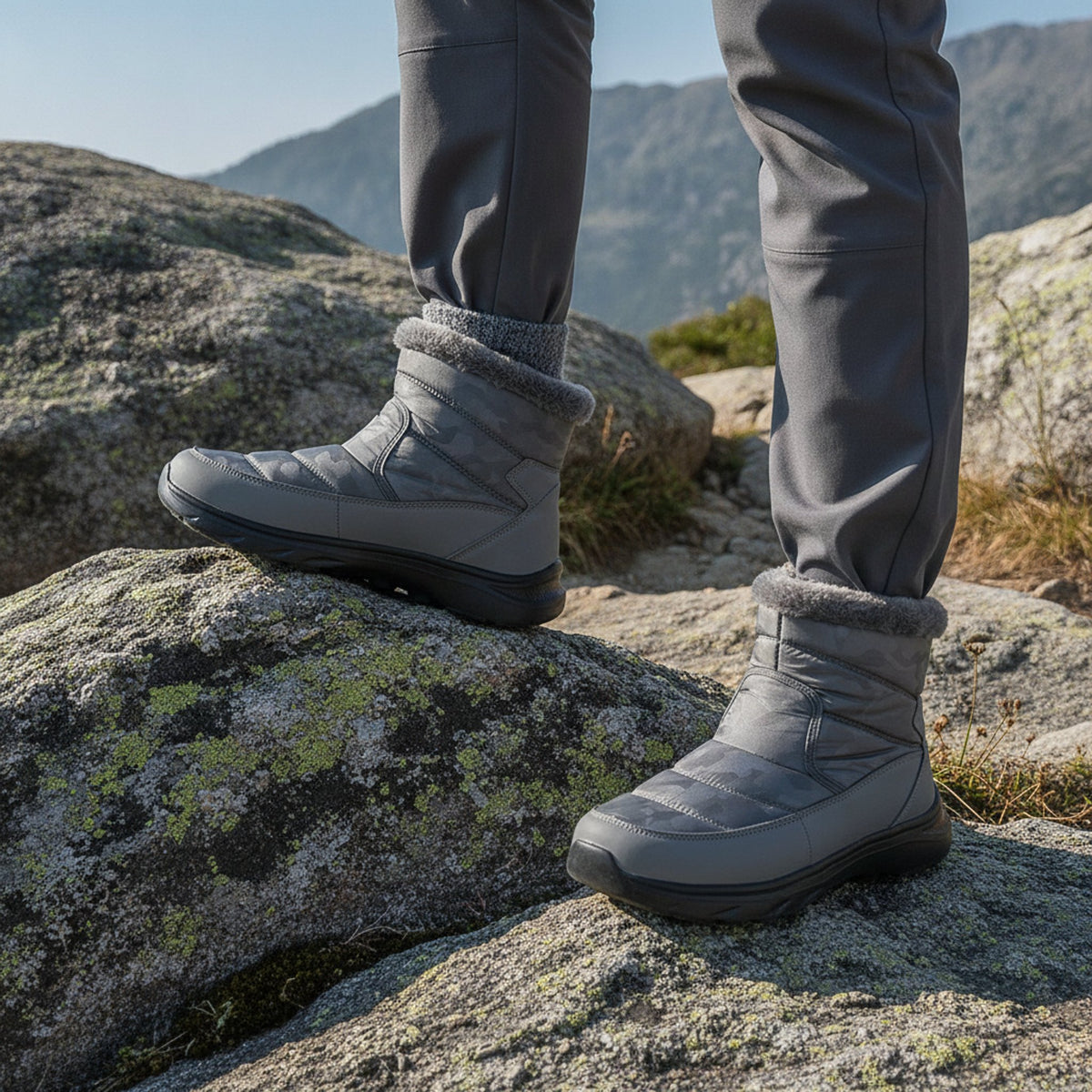 Henner Mut – Winterstiefel mit Seitlicher Reissverschluss Wanderschuhe Unisex in Grau – Fuss auf einem Felsen am Bergpfad