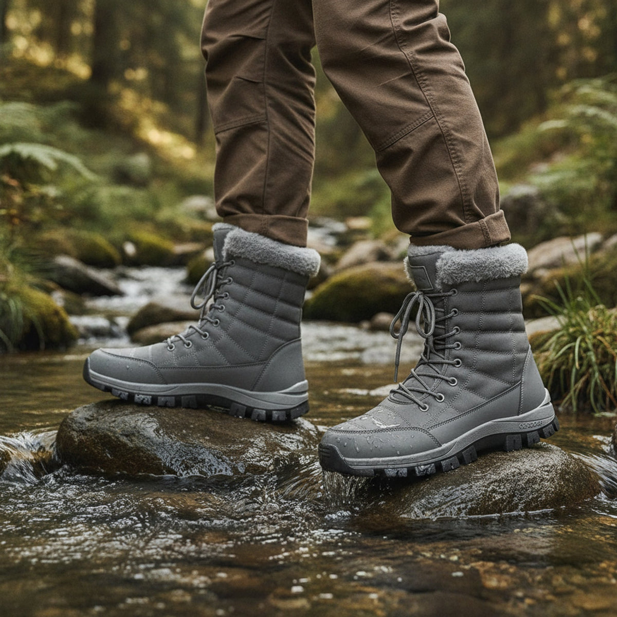 Henner Peak – Barfußschuhe für Winter und Outdoor Wanderschuhe Unisex in Grau – Überquerung eines Bachs