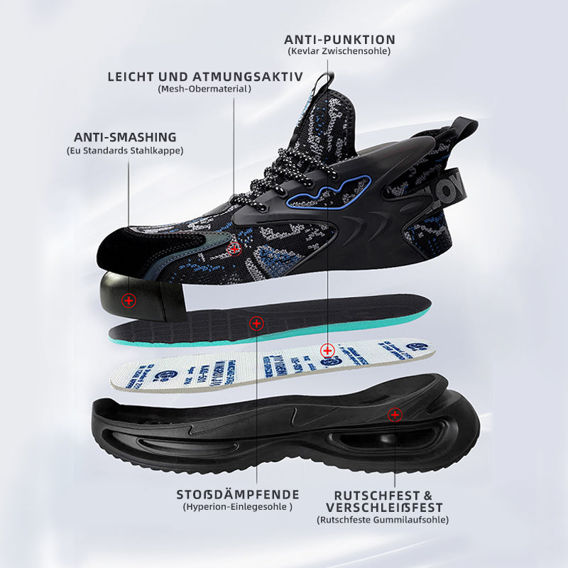 Querschnitt: Stahlkappe, Kevlar-Zwischensohle, Luftpolster-Ferse – Anti-Smash Schuh