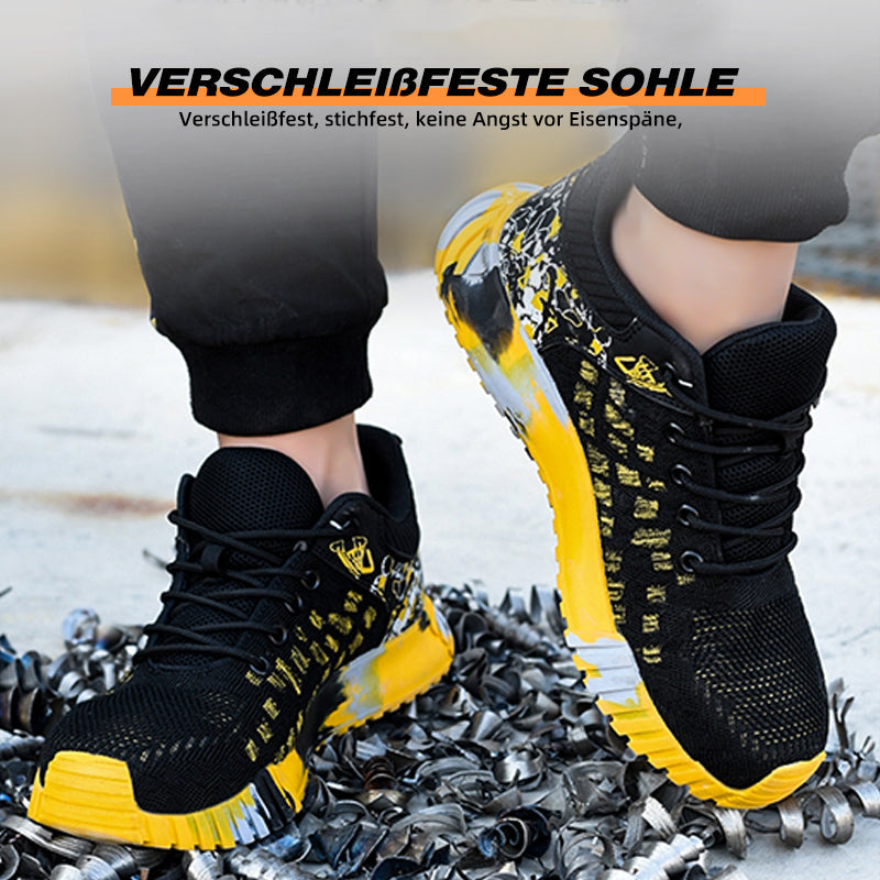 Graffiti Sicherheitsschuhe Gelb am Fuß, Frontansicht, Sommer