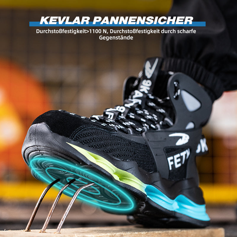 Hitze- und Stoßtest am schwarzen S1 Schutzschuh – Stahlkappe demonstriert