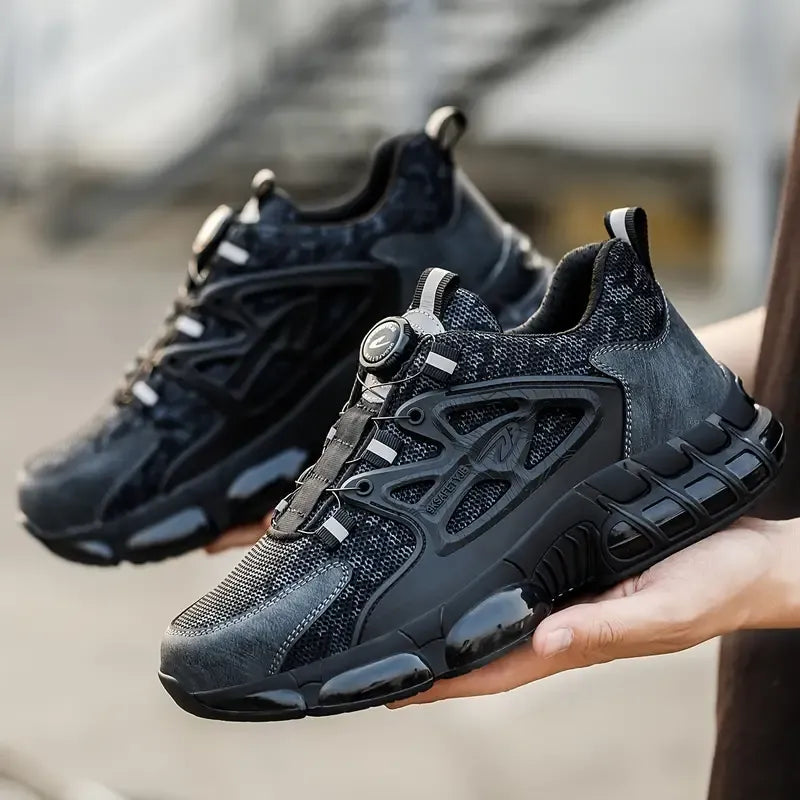 Paar Schuhe in Hand präsentiert, Drehschnalle-Detail gut sichtbar