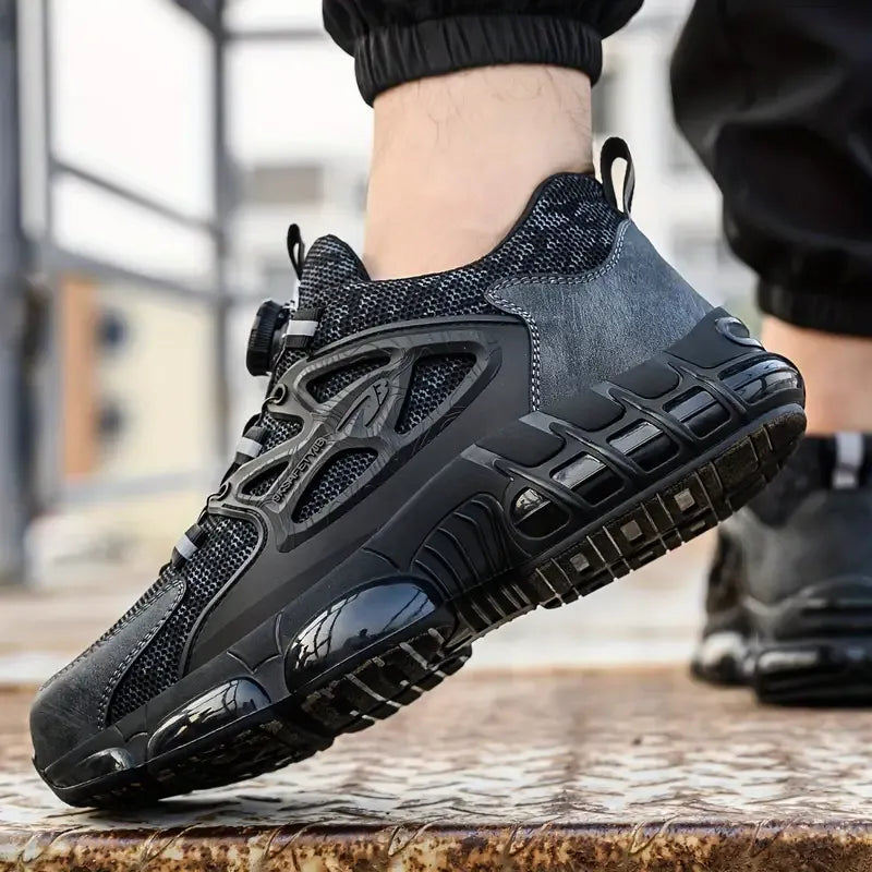 Schuh Schwarz getragen, Schritt auf Metalltreppe – Ferse mit Air-Pad sichtbar