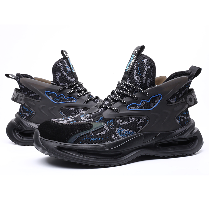 Paar Sicherheitsschuhe Schwarz-Blau, Frontansicht, stoßdämpfende EVA-Sohle