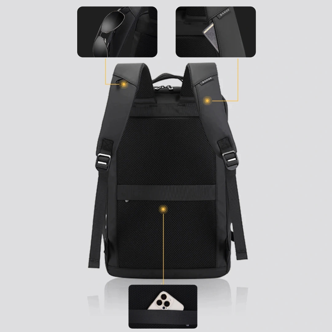 Bange Airline Rucksack Rückansicht – Trolley‑Schlaufe und Diebstahlschutzfach