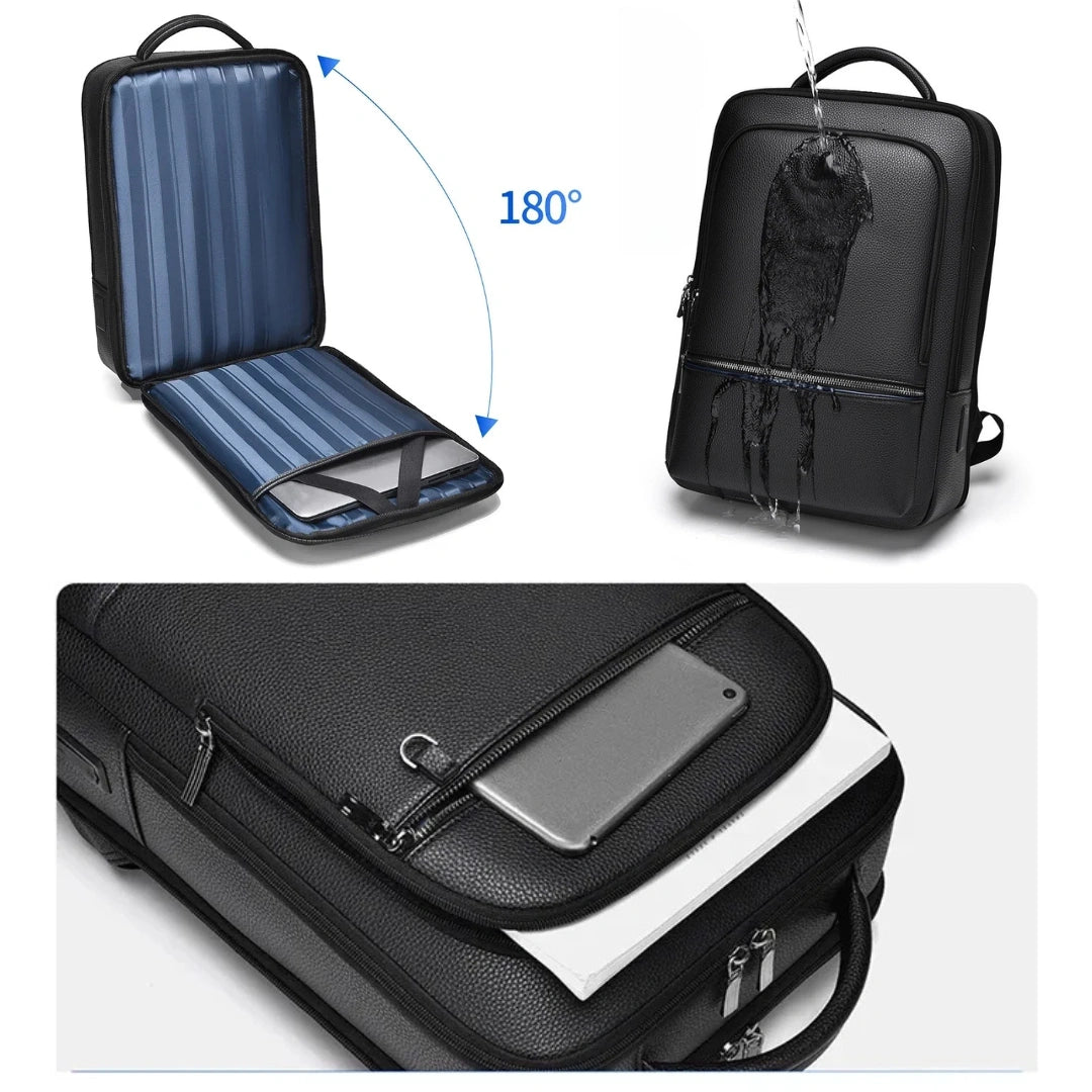 Innenansicht: Organizer‑Panel mit Kabel, Maus und Ladegerät im Executive Business‑Rucksack