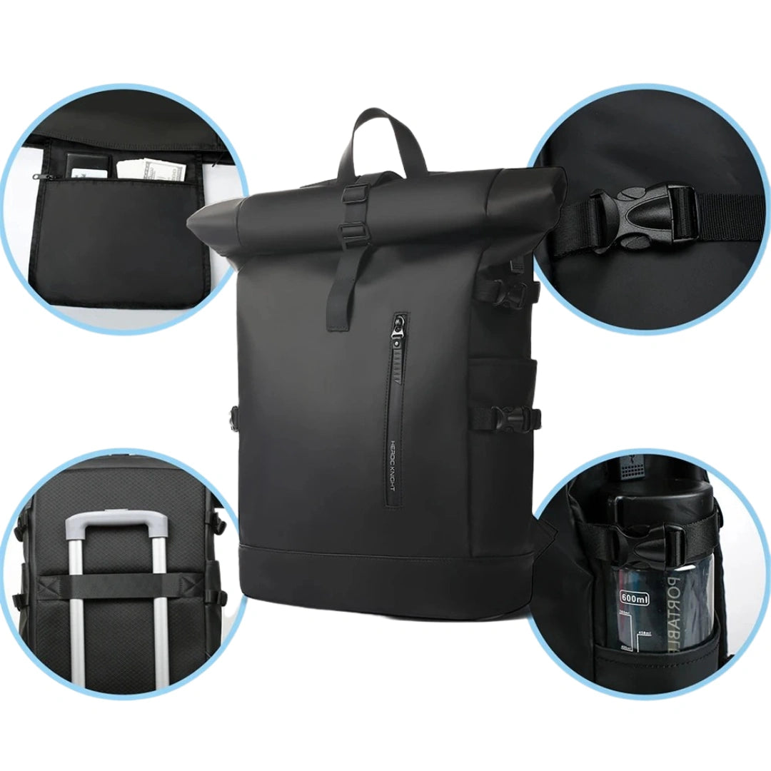 Knight Roll‑Up Rucksack Schwarz – Front‑ und Bodenansicht nebeneinander, abnehmbarer Brustgurt hervorgehoben