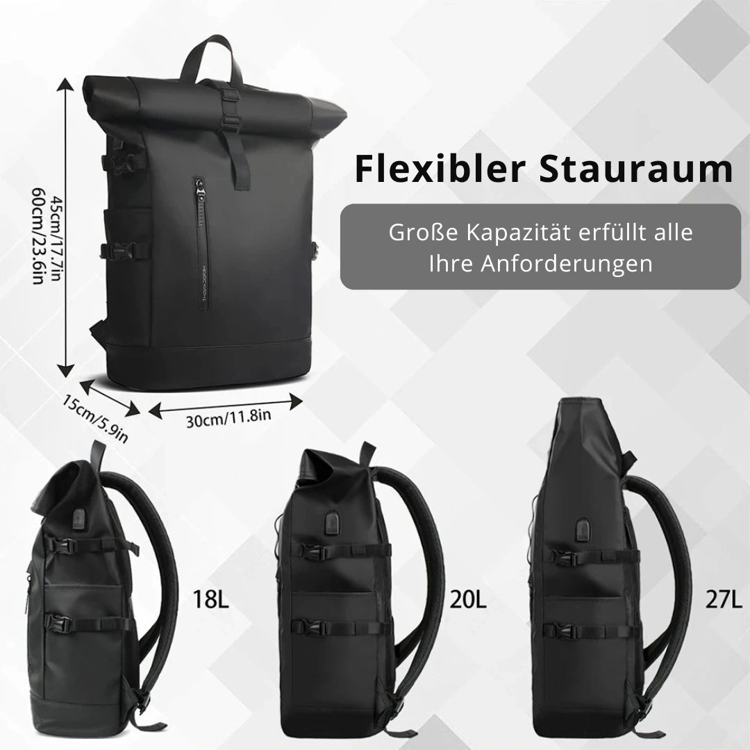 Infografik: Knight Roll‑Up Rucksack Seiten‑, Front‑ & Bodenansicht mit Maßen