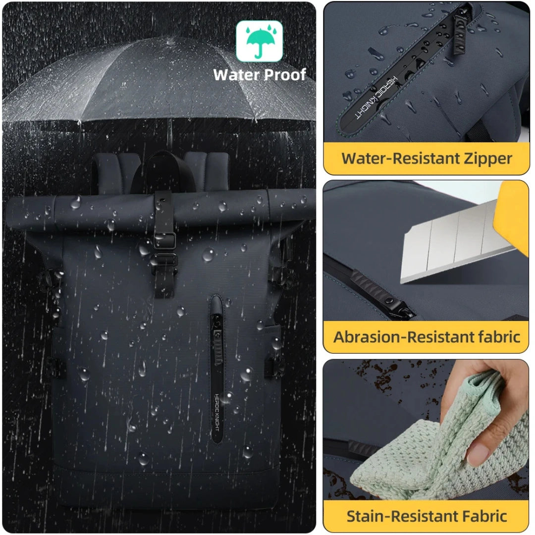 Wasserdicht‑Test: Regentropfen perlen vom Tech‑Material des Knight Roll‑Up ab