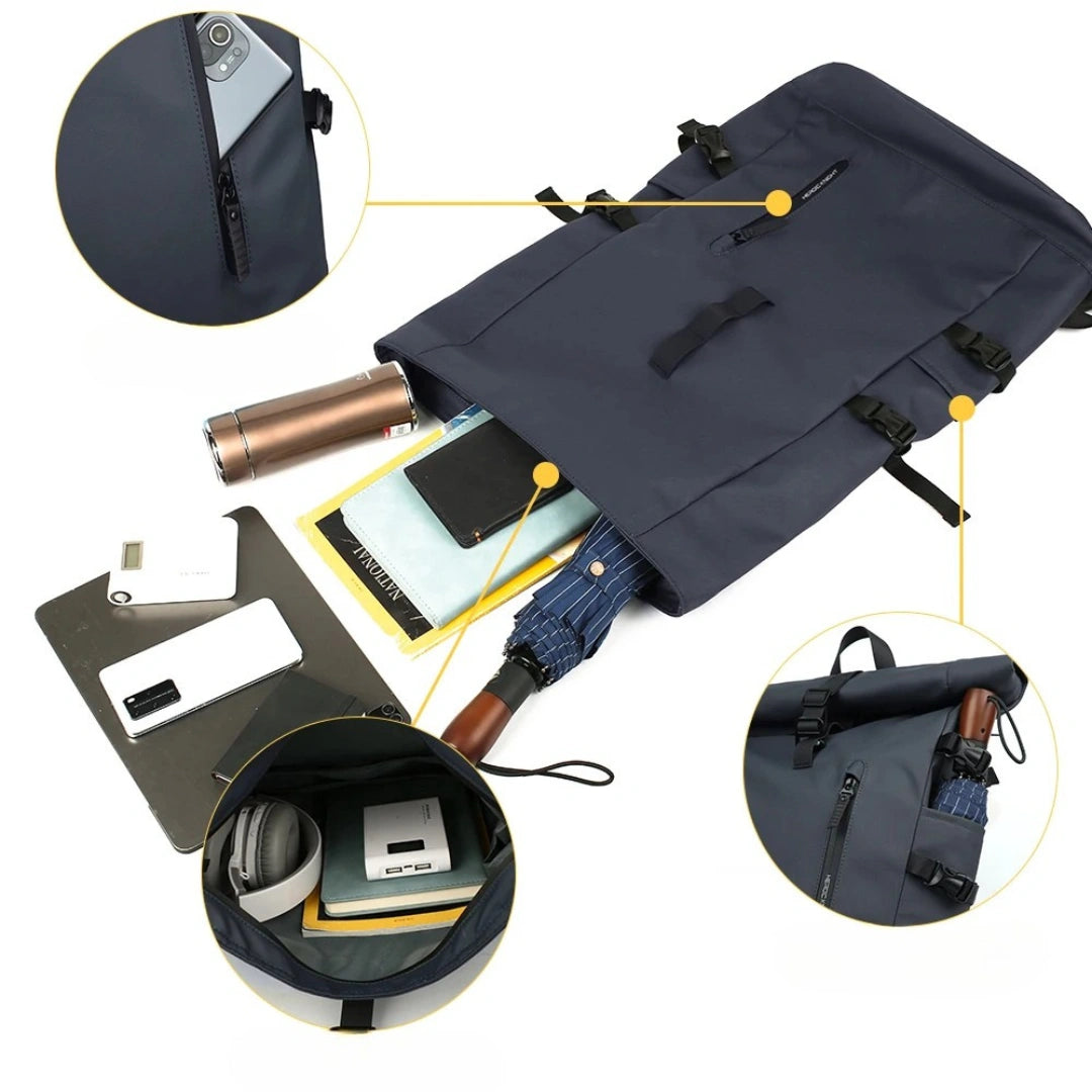 Innenansicht: geöffnetes Hauptfach des Knight Roll‑Up mit Laptop‑Sleeve & Organizer