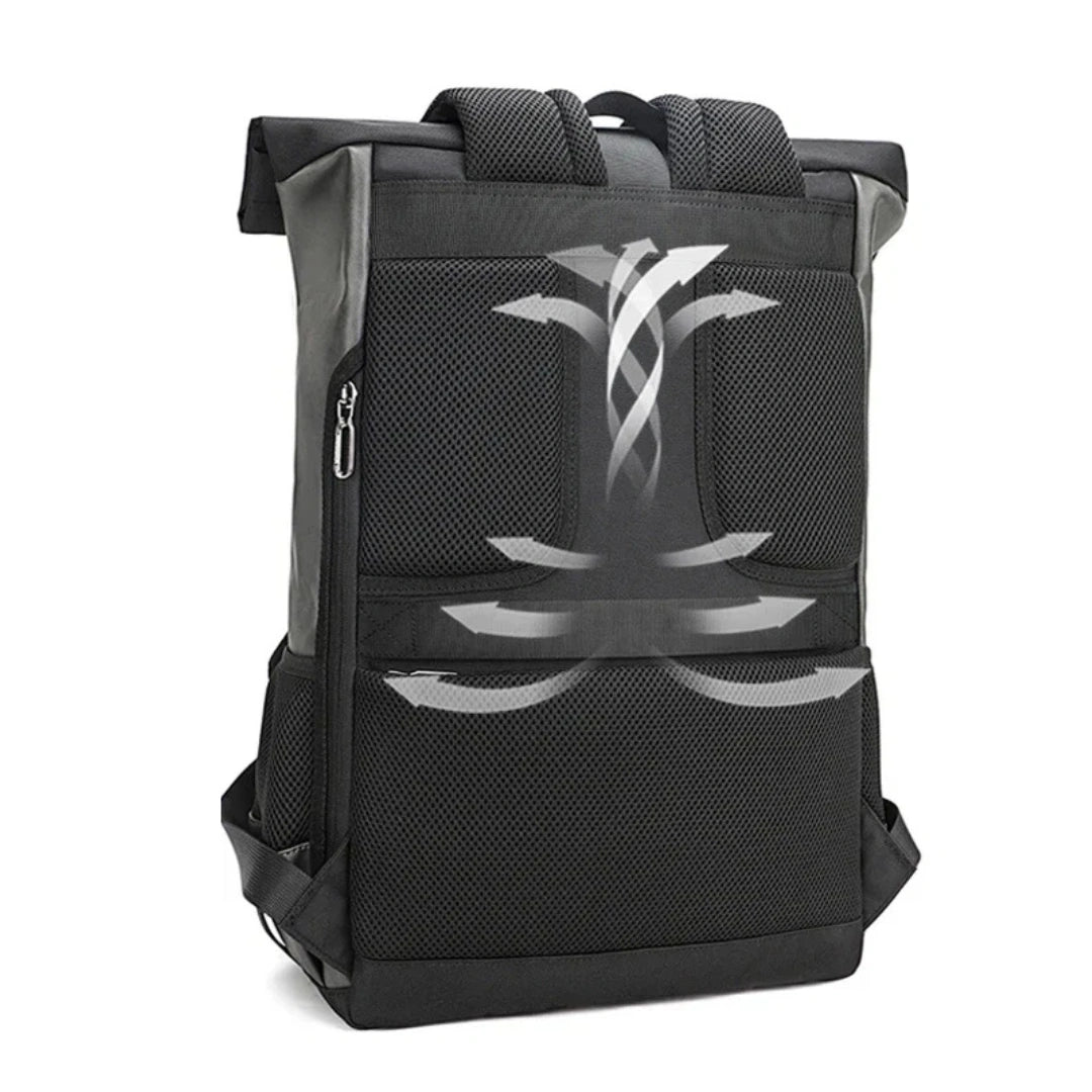 Belüftungsdemo: Rückenteil des Kodger Bergen Rucksacks mit Airflow‑Pfeilen