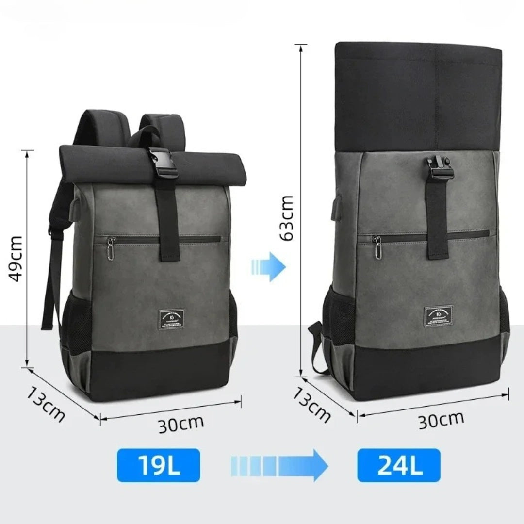Maßgrafik: Kodger Bergen Roll‑Top Rucksack mit Höhenangabe 45–55 cm