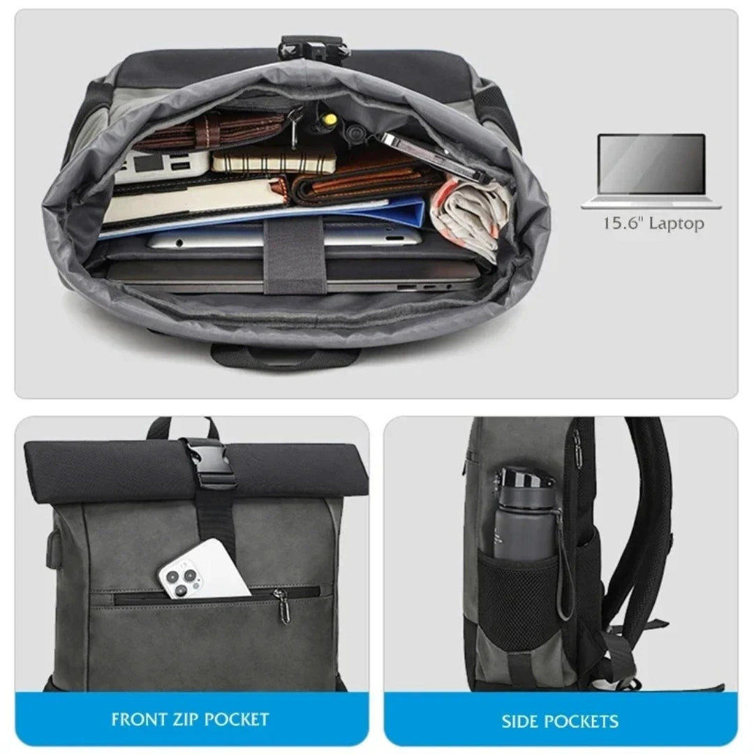 Organisationsübersicht: Gepackter Kodger Bergen Roll‑Top Rucksack von oben geöffnet