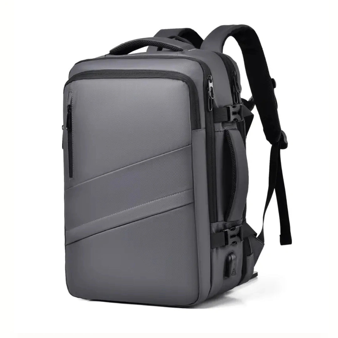 UrbanDay Rucksack Grau – 3‑Viertel‑Frontansicht mit erweiterbarem Seitenfach