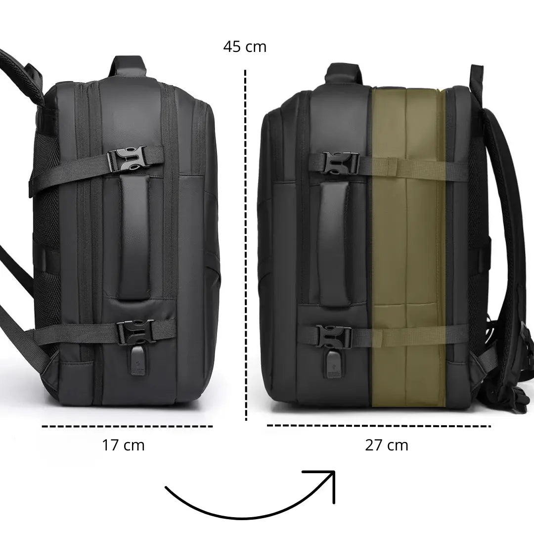 Infografik: UrbanDay Rucksack Olive – Höhenmaß 45 cm, Tiefe verstellbar 17–25 cm