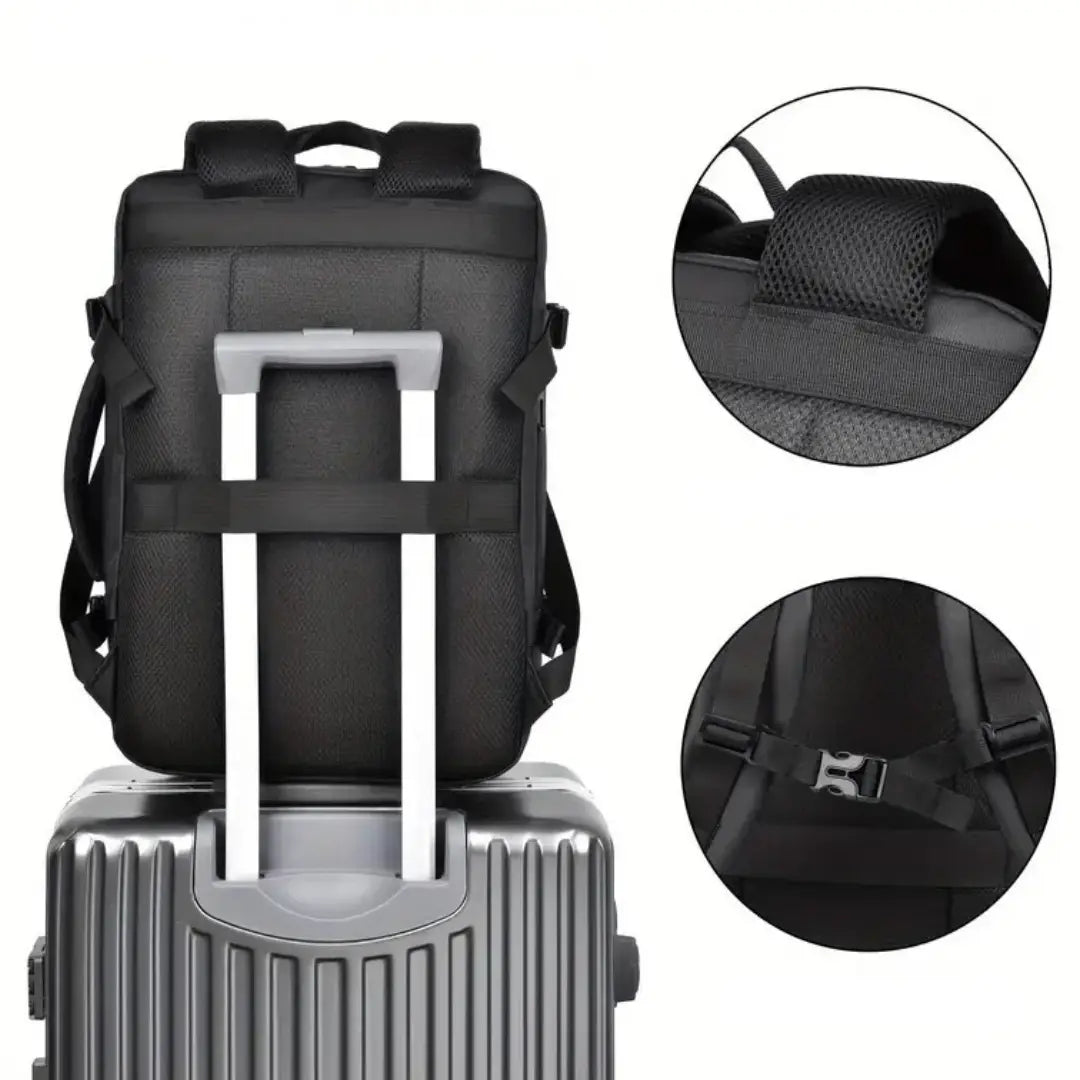 Detail‑Collage: Trolley‑Schlaufe, verstecktes Fach, Kopfhörer‑Port des UrbanDay