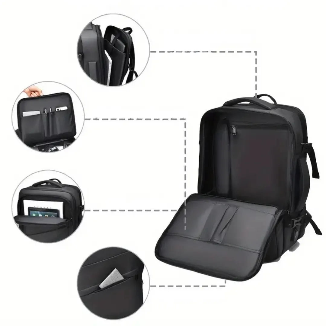 Innenansicht 180°‑Öffnung: UrbanDay Rucksack vollständig aufgeklappt, Laptop‑Sleeve & Organizer