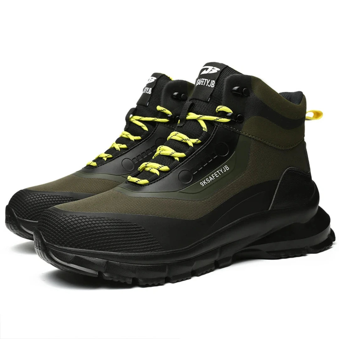 Paar Ranger S3 Sicherheitsstiefel Oliv/Schwarz – seitliche Linksansicht auf weißem Hintergrund