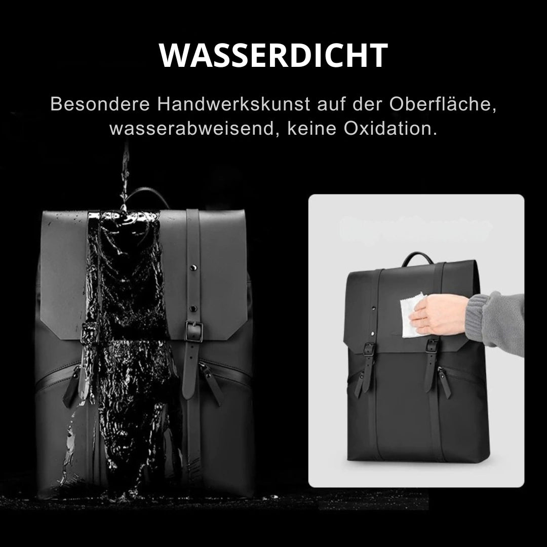 Wasserdicht‑Detail: PU‑Oberfläche des Ryden Minimal Rucksacks mit abperlenden Regentropfen