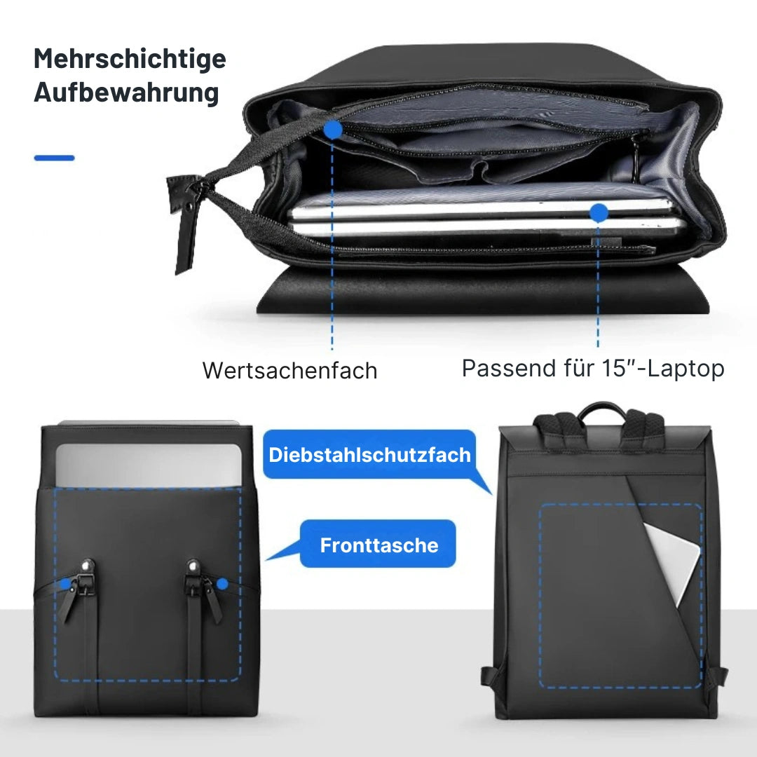 Ryden Minimal Rucksack geöffnet – Innenfächer mit Laptop‑Sleeve, Tablet‑Slot und Organisation