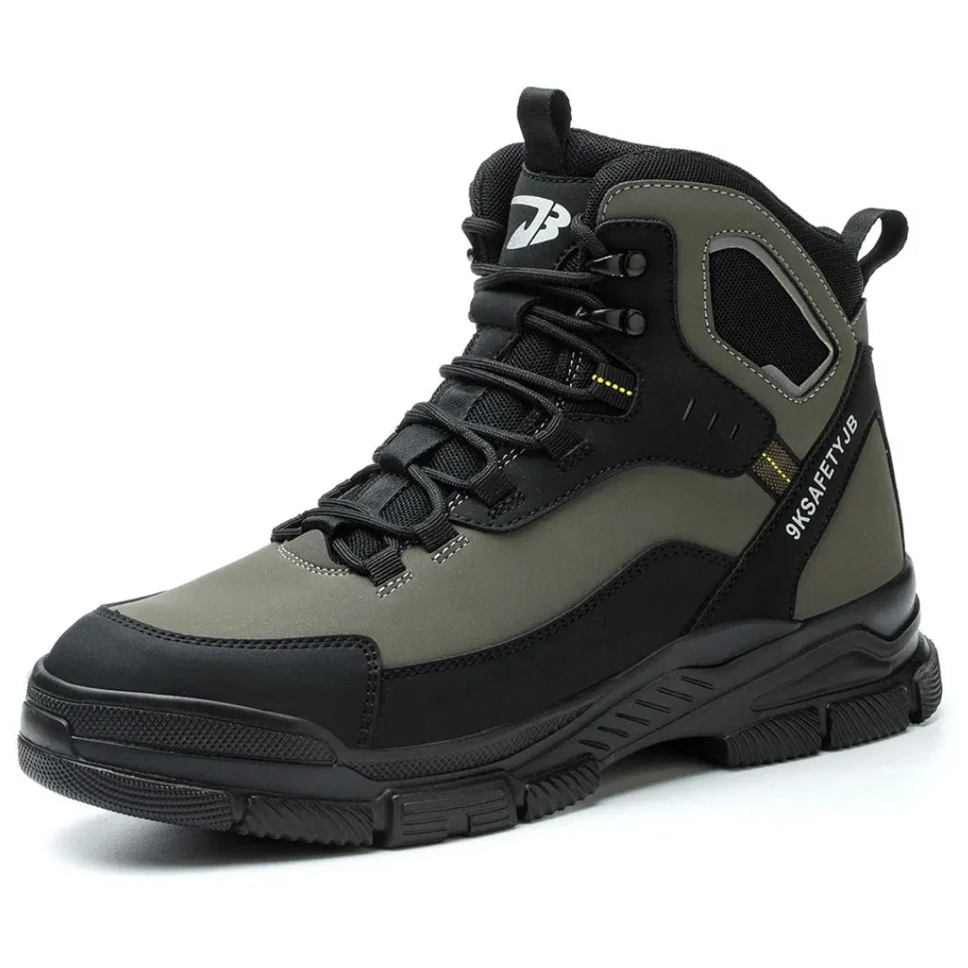 Henner Cutter JB S3 Winter‑Sicherheitsschuh in Oliv‑Schwarz, 3‑Viertel‑Ansicht auf weißem Hintergrund