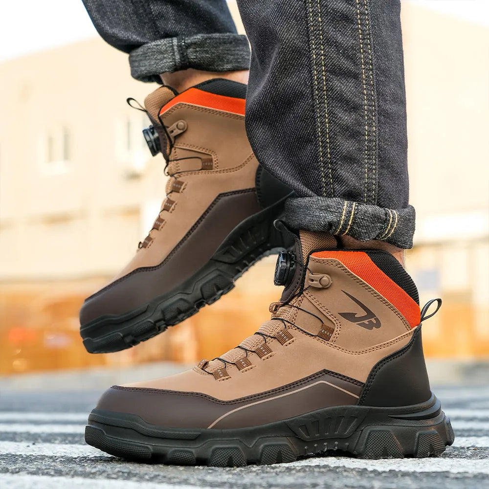 Henner S3 Stahl Sicherheitsschuh Braun am Fuß – Schritt nach vorn auf Baustellenboden