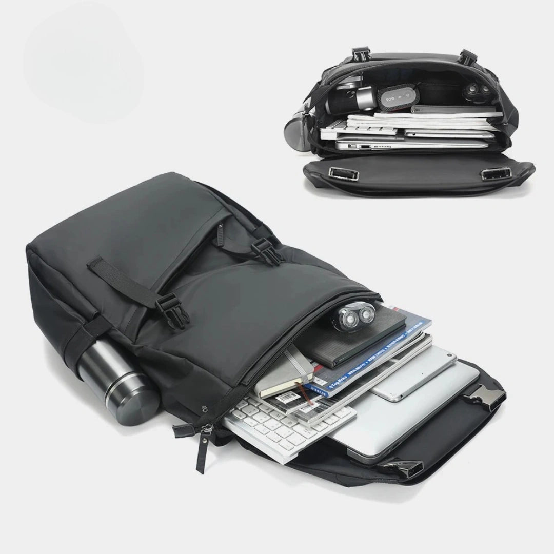 Innenansicht: aufgeklappter T‑Nu Avant mit Laptopfach und Organizer‑Fächern, Zubehör eingelegt