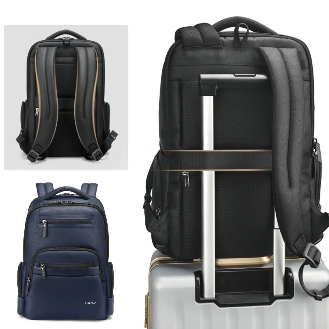 Henner Tiger Rucksack auf Trolley gesteckt – Rückseite mit Trolley‑Schlaufe