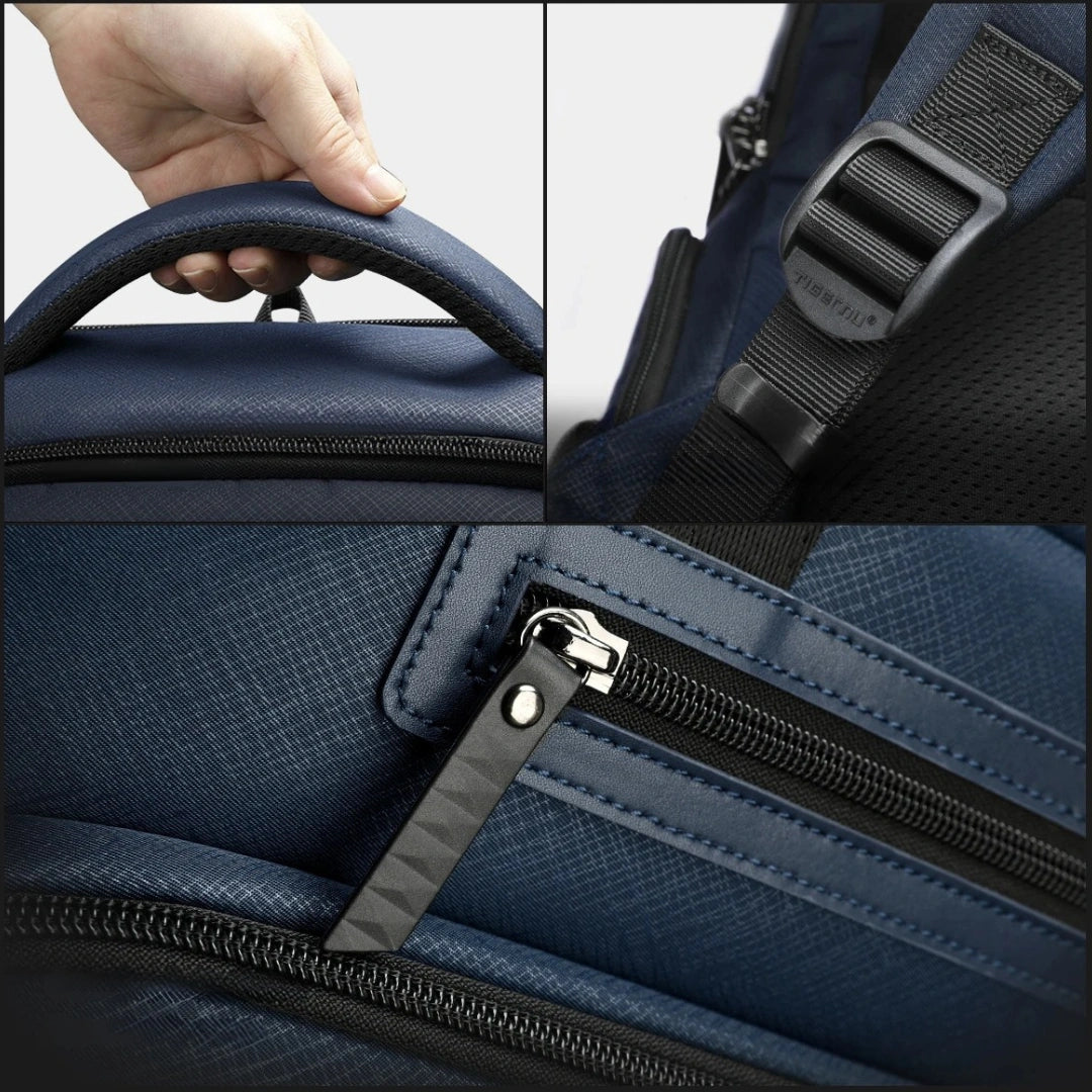 Henner Tiger Business‑Rucksack Schwarz – Seitenansicht mit Reißverschlusstaschen