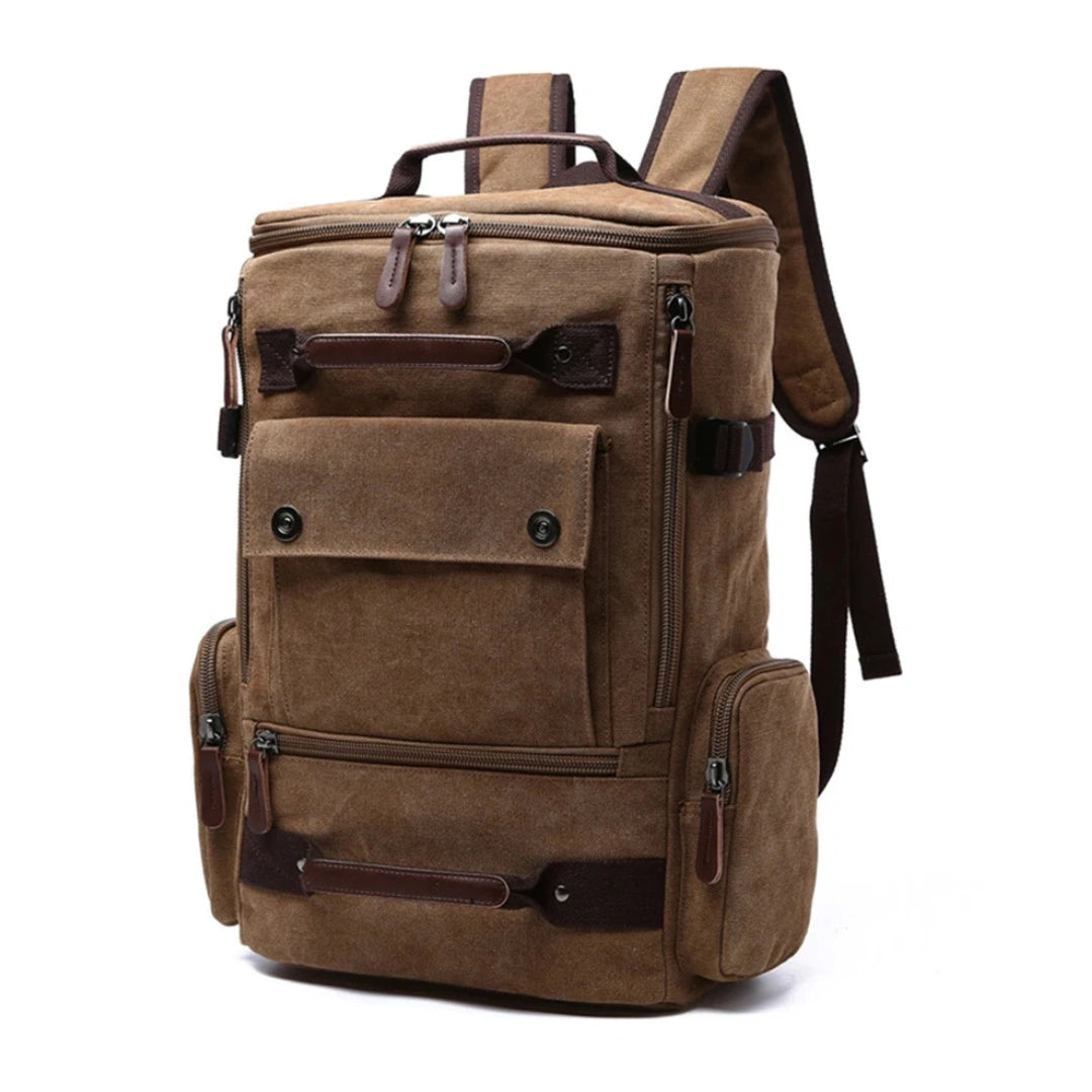 Henner Vulcan Vintage Rucksack Canvas Braun – 3‑Viertel‑Frontansicht auf weißem Hintergrund
