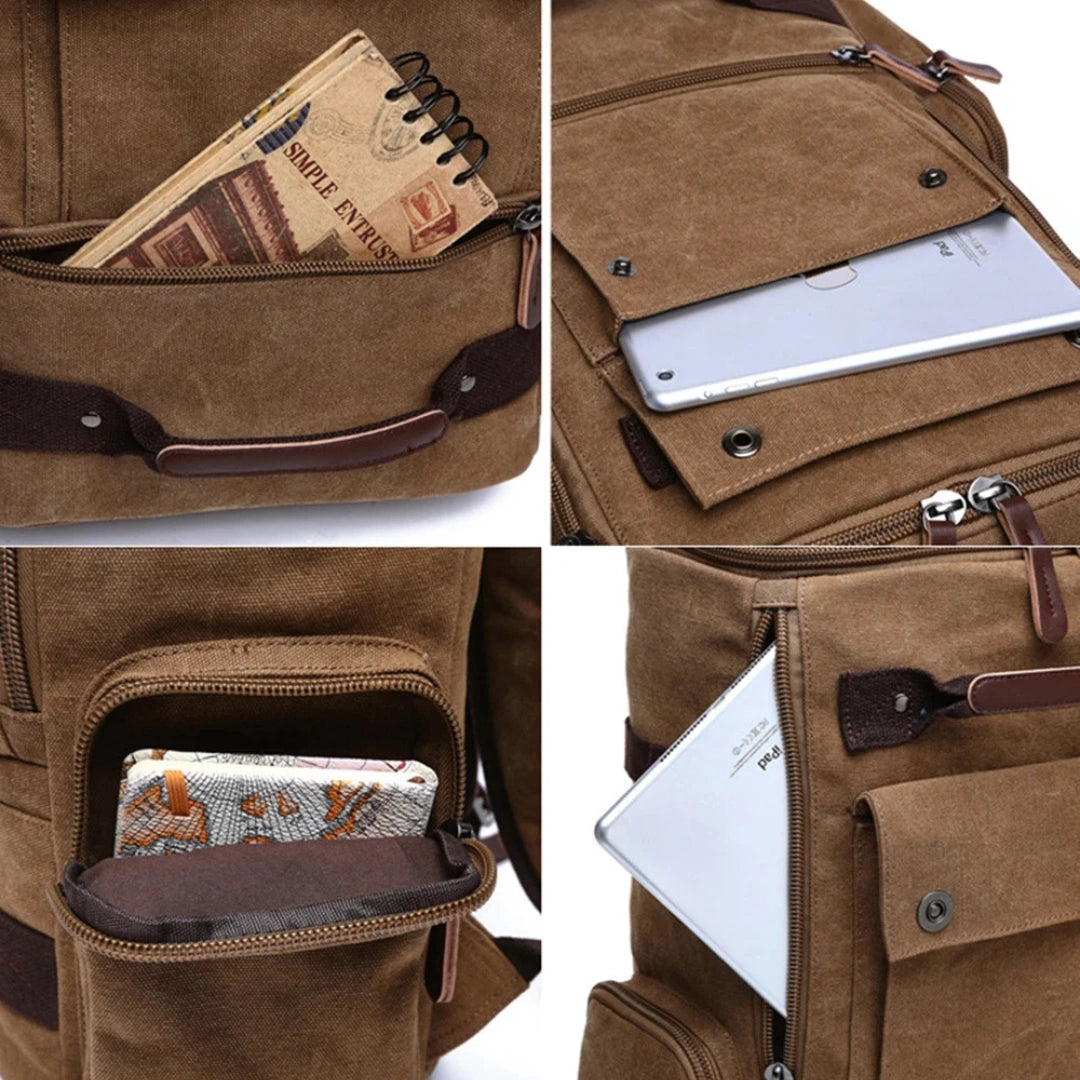 Detail‑Collage Vulcan Rucksack: Frontklappe, Innenfächer und Laptop‑Tasche