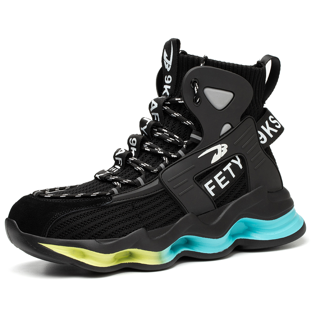 S1 Sicherheitsschuh High-Top Schwarz, Türkis-Gelbe EVA-Sohle, Stahlkappe – Seitenansicht