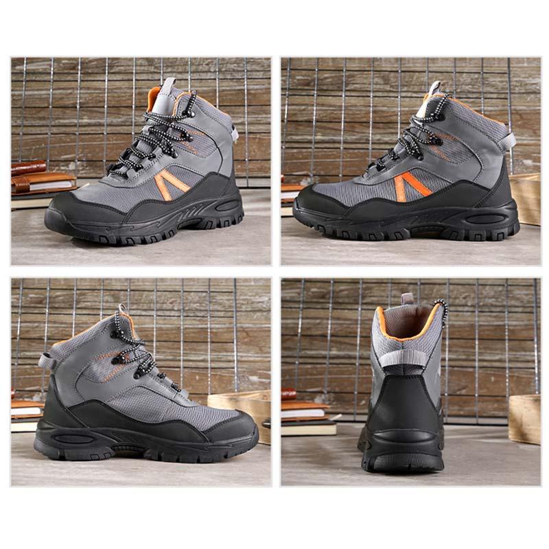 Collage: 6 Detailfotos Stiefel Grau-Orange in Werkstatt