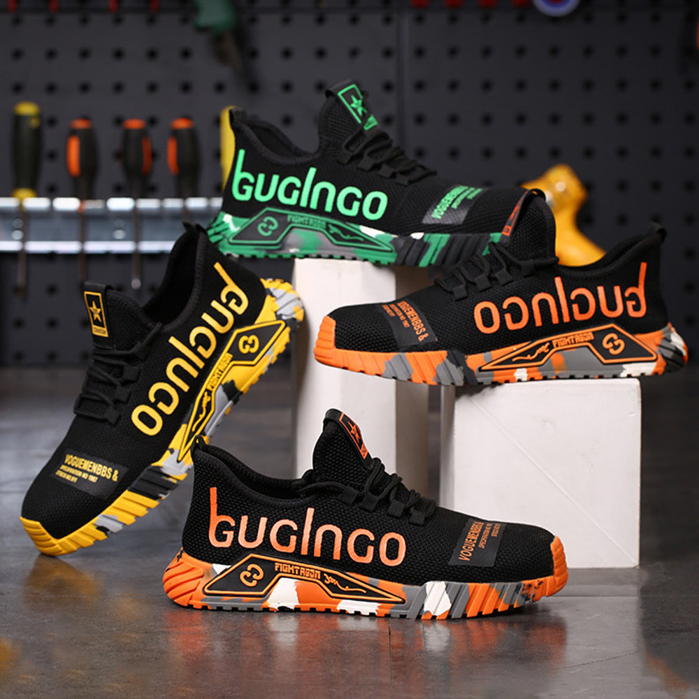 Kevlar-Durchtrittschutz: Gelb-Schwarzer Schuh auf Nagelbrett