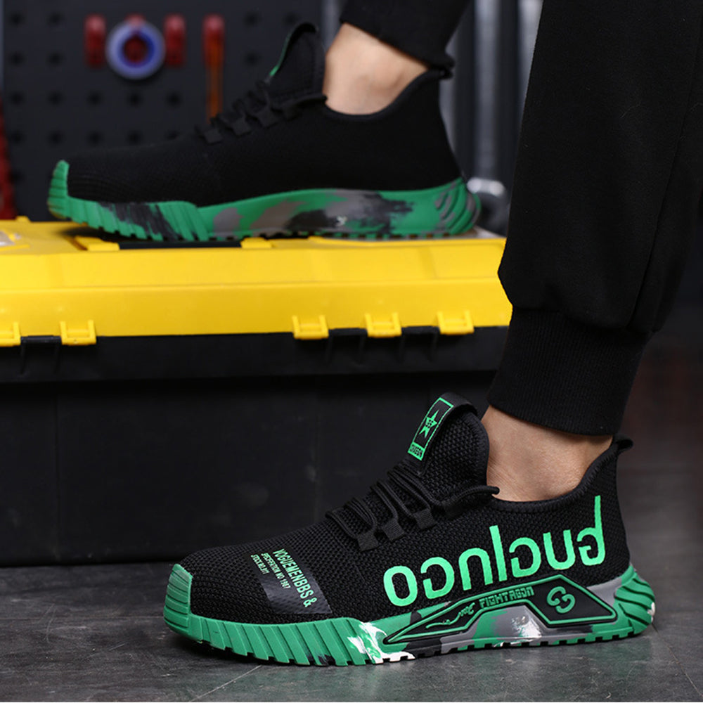 Stoßdämpfung: Gelb-Schwarzer Schuh über Rohr, EVA-Sohle