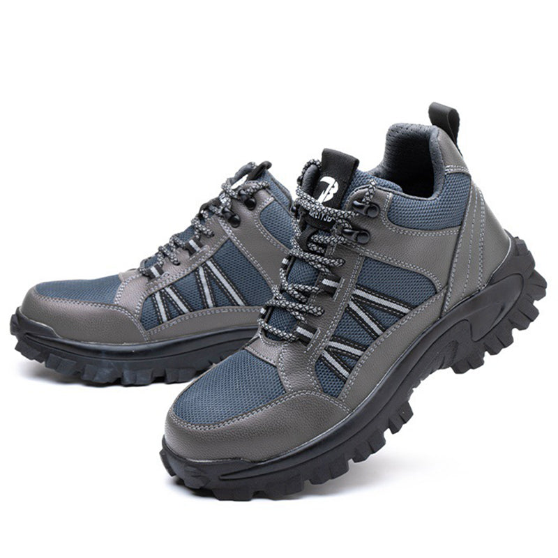 Studioansicht – Mid-Top Sicherheitsschuh Blau-Grau, rechte Schrägansicht