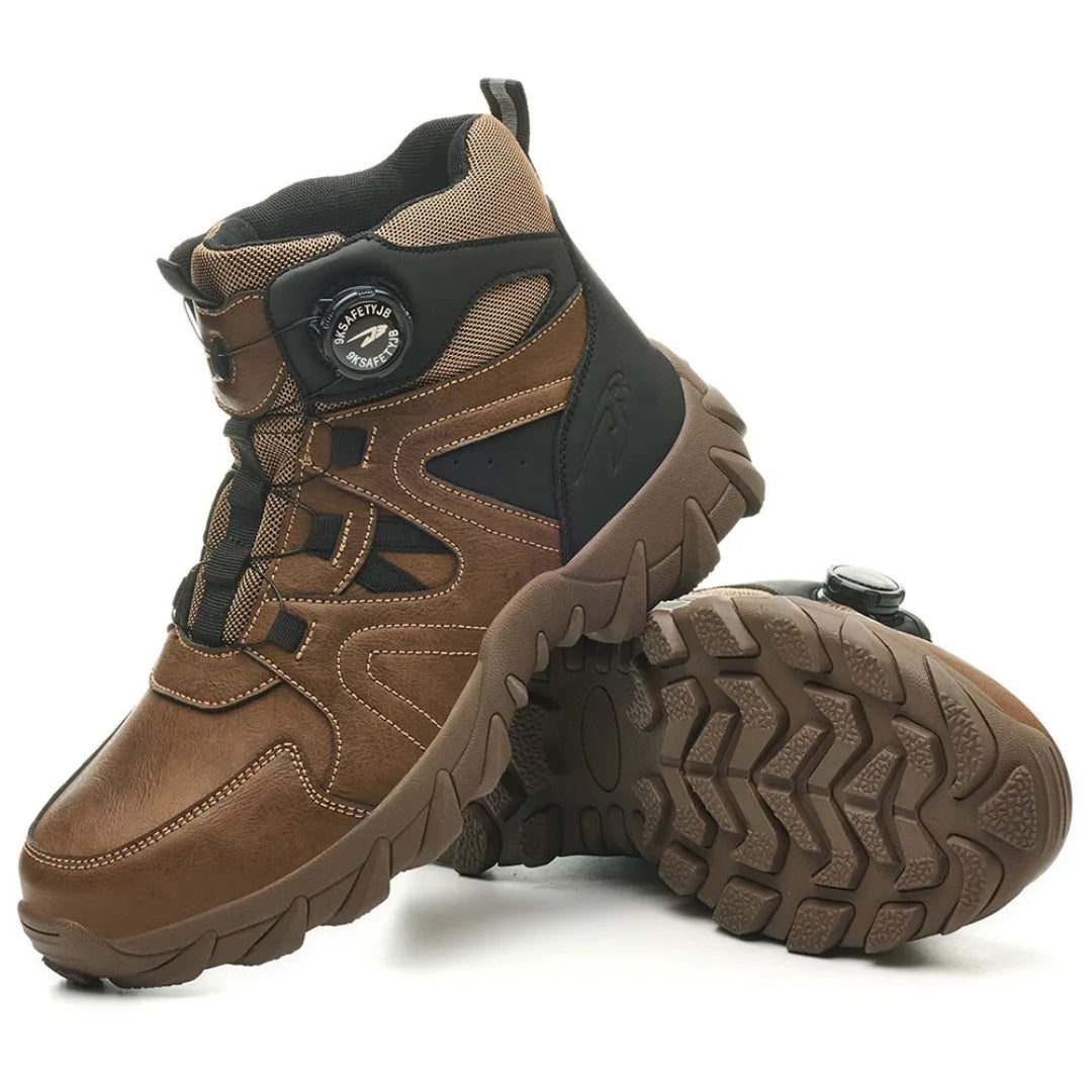 Draufsicht: Paar Desert Pro S3 Stiefel Braun, Innenfutter und Drehknopf sichtbar