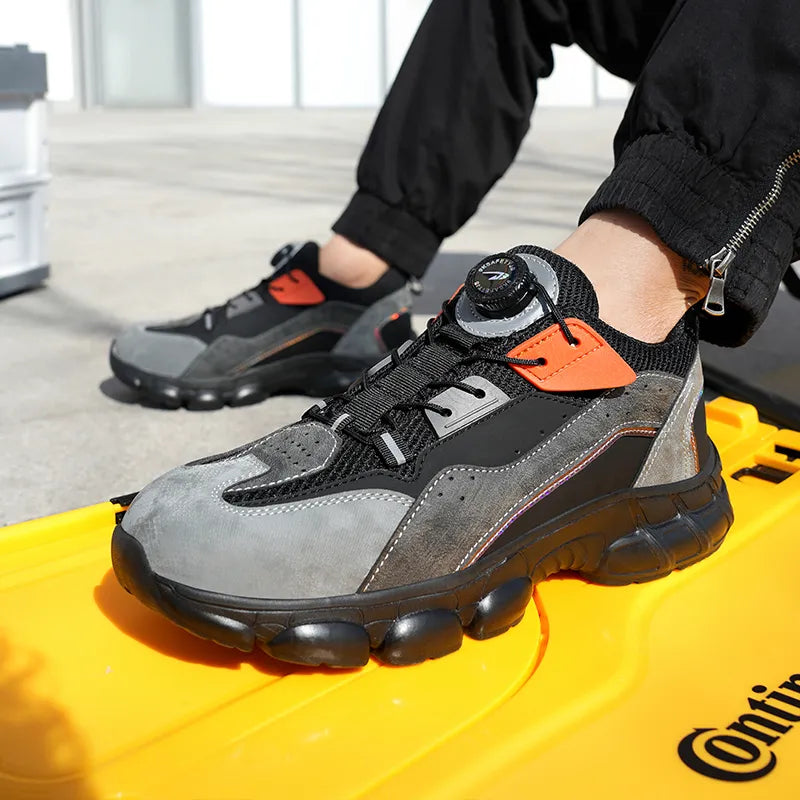 Grauer Schuh getragen, steht auf gelbem Palettenheber – BOA-System im Einsatz