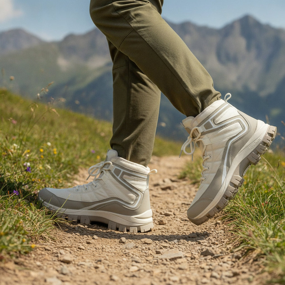 Henner Domea – Bequeme Outdoor-Schnürstiefel, warm gefüttert Wanderschuhe Damen in Beige – seitliche Gehbewegung auf dem Wanderweg