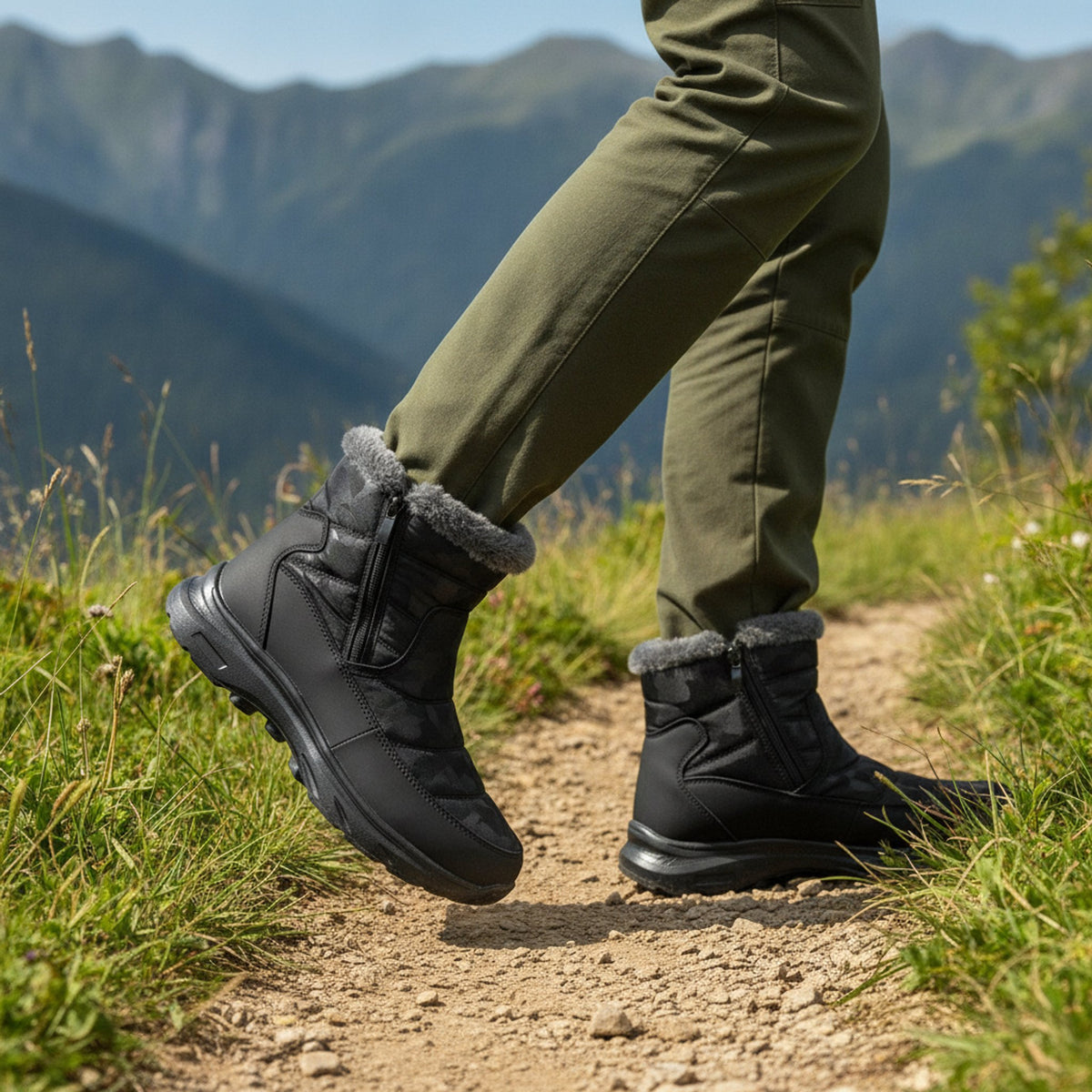 Henner Mut – Winterstiefel mit Seitlicher Reissverschluss Wanderschuhe Unisex in Schwarz – seitliche Gehbewegung auf dem Wanderweg
