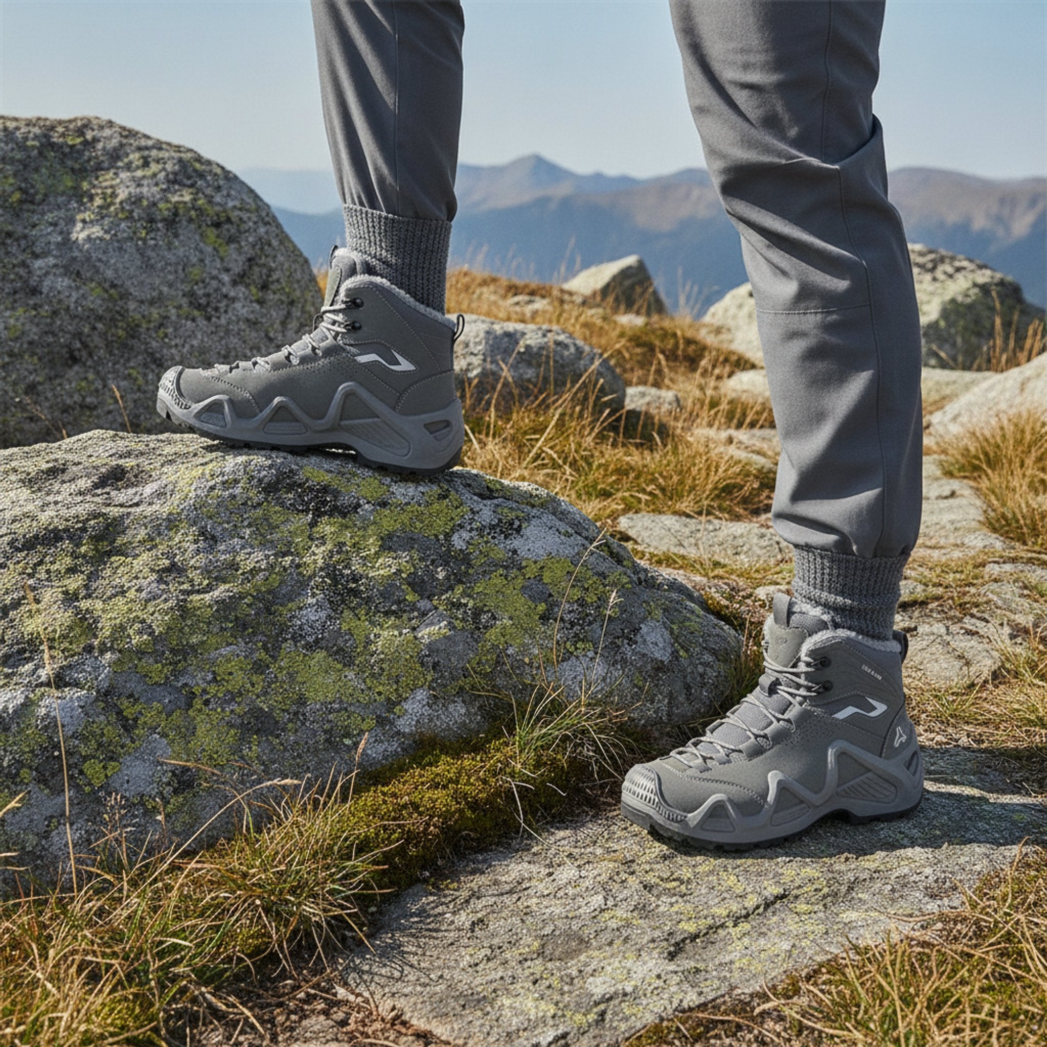 Henner Hennert Mount 2.0 Warmfutter Wanderschuhe Unisex in Grau – Fuss auf einem Felsen am Bergpfad