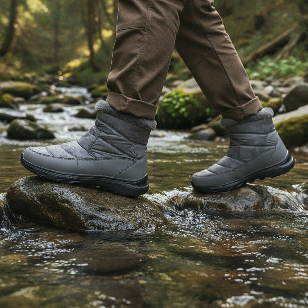 Henner Mut – Winterstiefel mit Seitlicher Reissverschluss Wanderschuhe Unisex in Grau – Überquerung eines Bachs