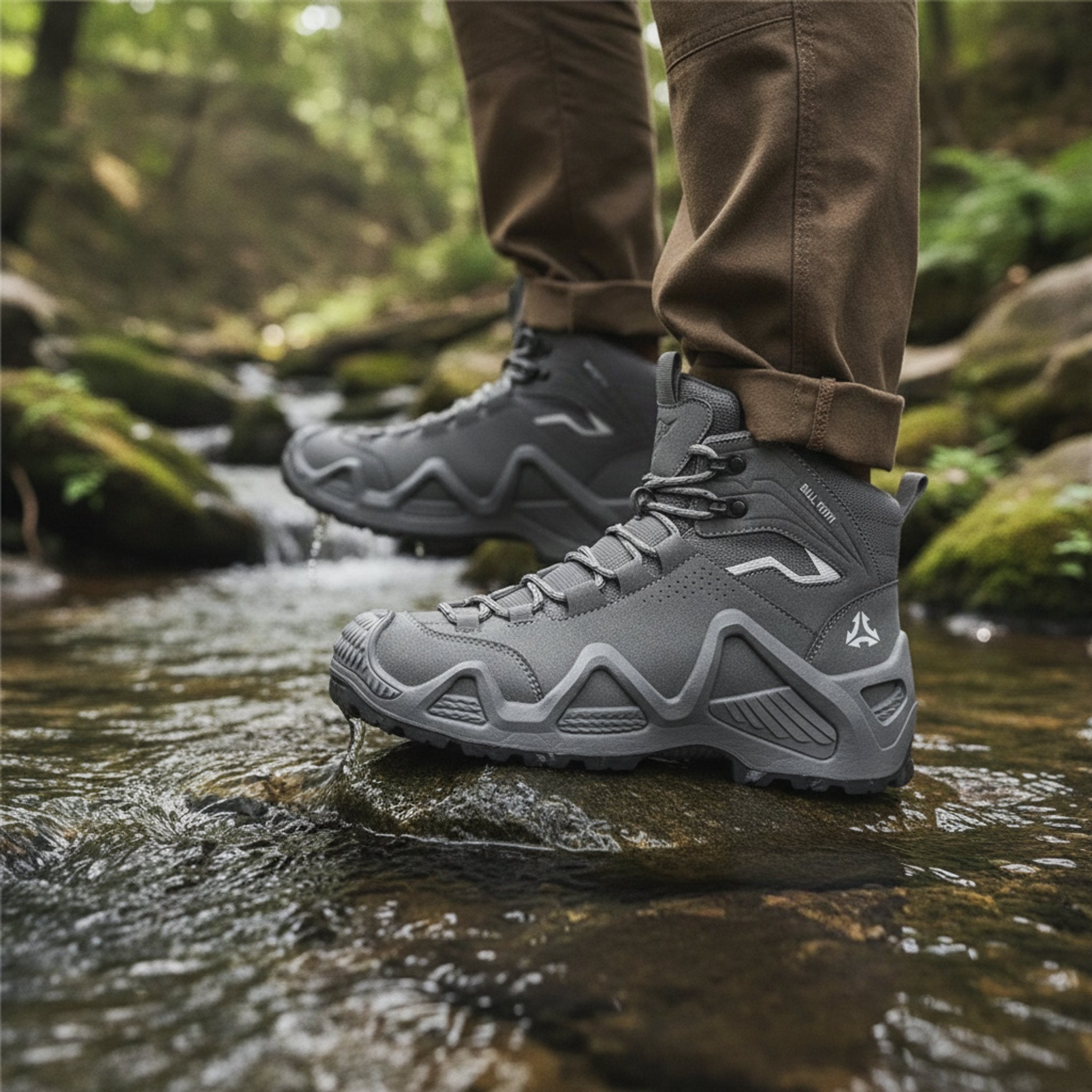 Henner Mount Wanderschuhe Unisex in Grau – Überquerung eines Bachs