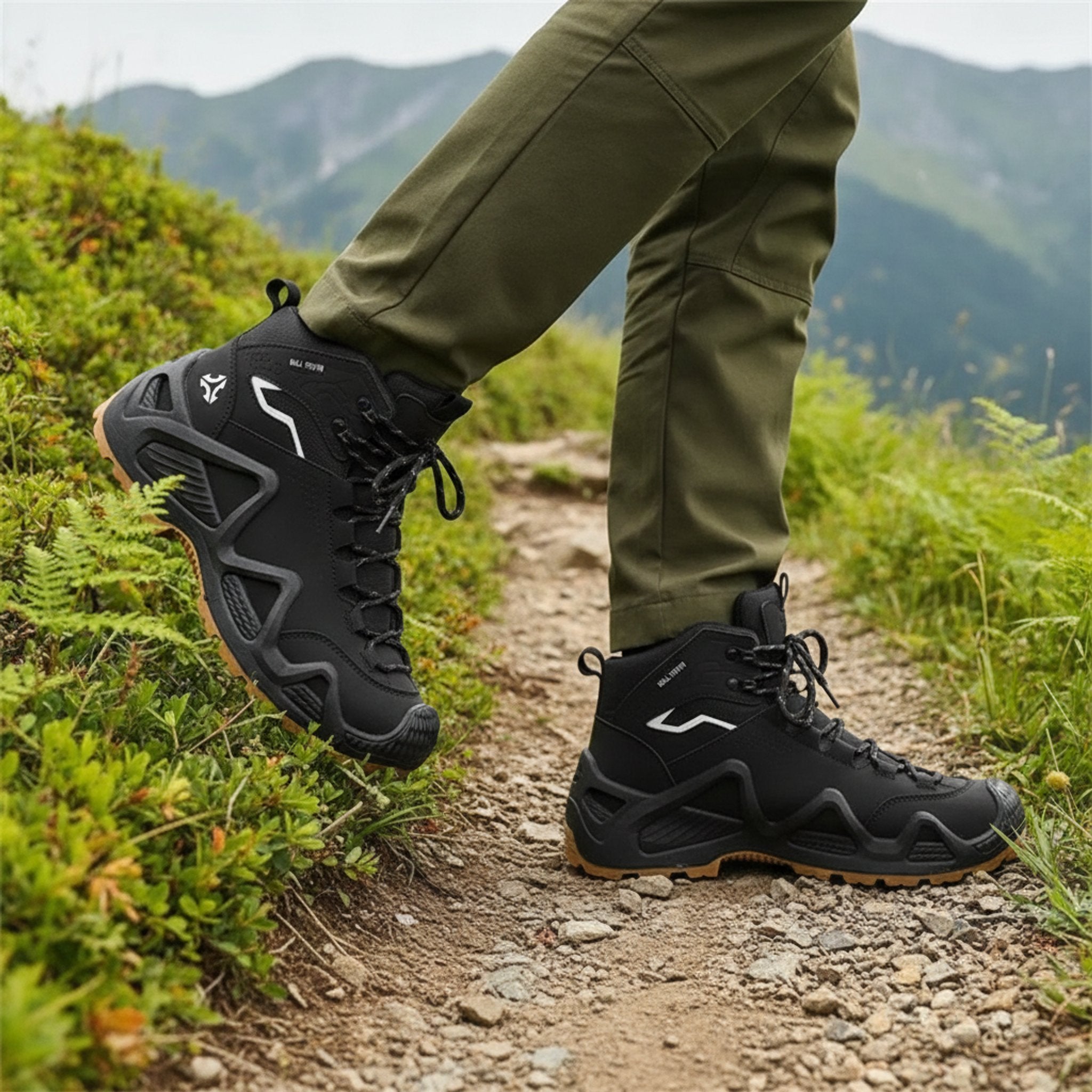 Henner Mount Wanderschuhe Unisex in Schwarz – seitliche Gehbewegung auf dem Wanderweg