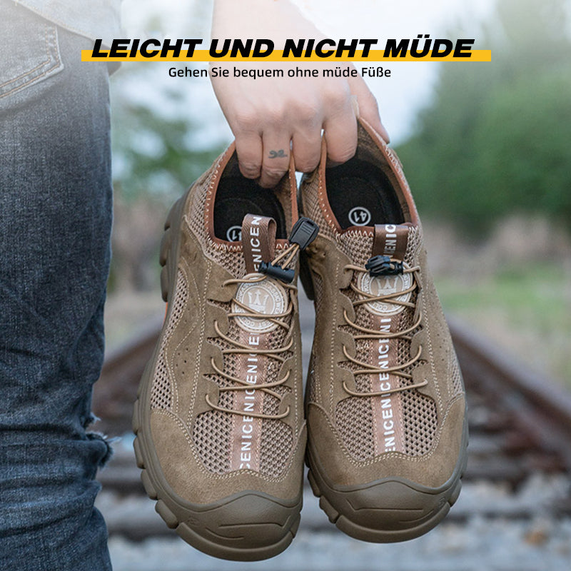 Paar Sicherheitsschuhe Beige getragen, Frontansicht