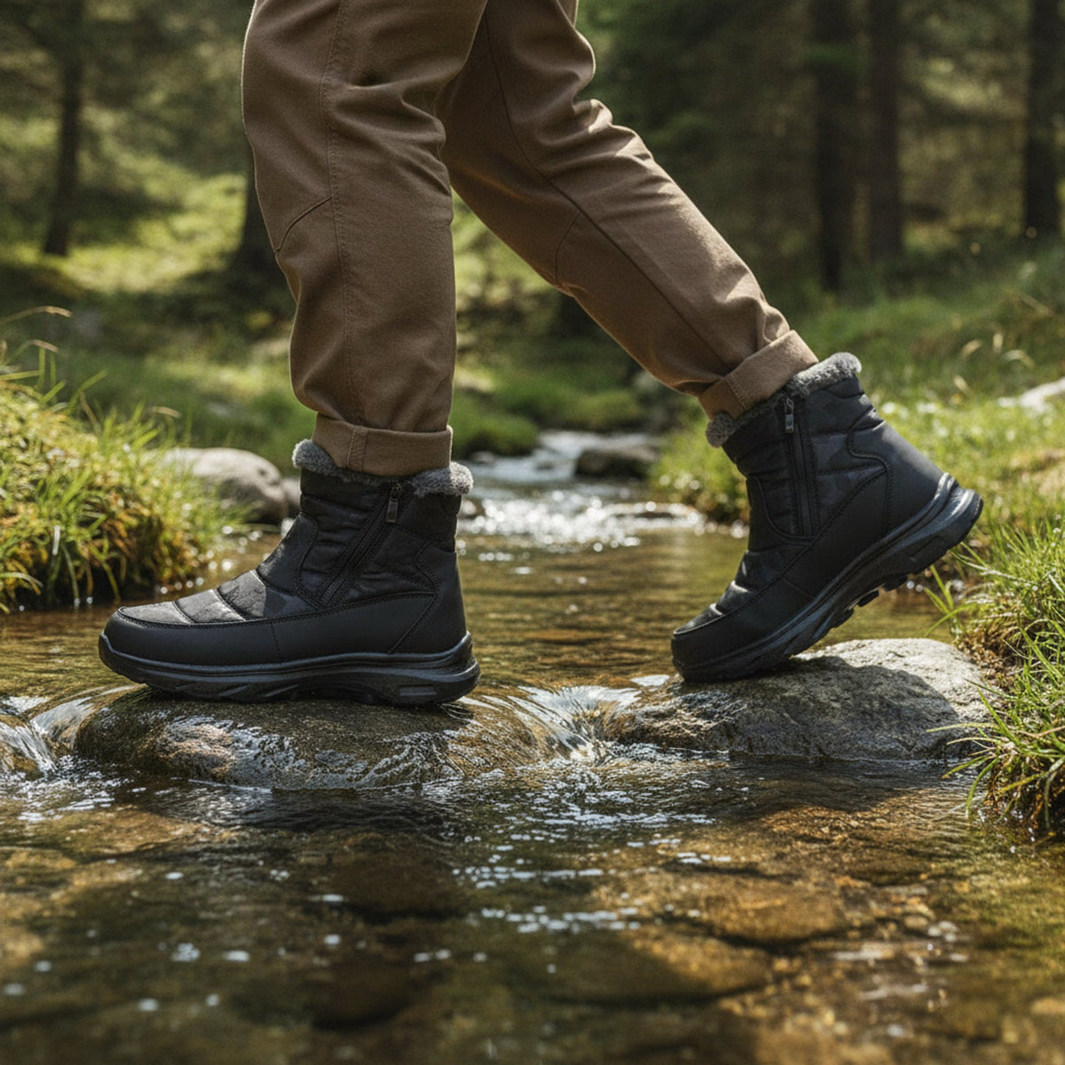 Henner Mut – Winterstiefel mit Seitlicher Reissverschluss Wanderschuhe Unisex in Schwarz – Überquerung eines Bachs