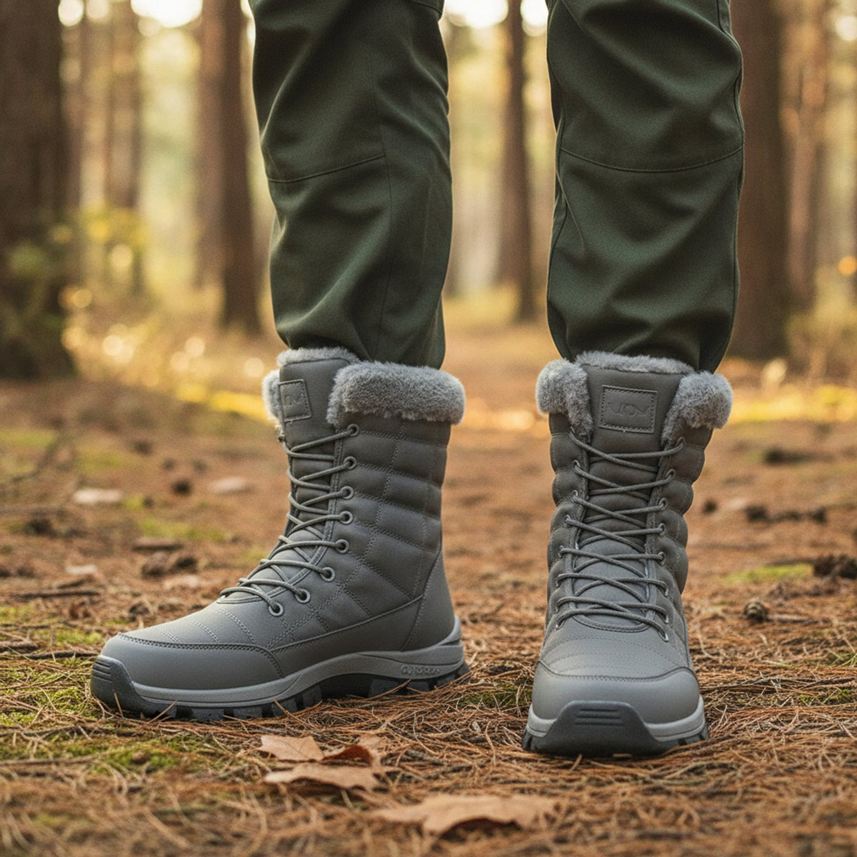 Henner Peak – Barfußschuhe für Winter und Outdoor Wanderschuhe Unisex in Grau – auf einem Waldweg
