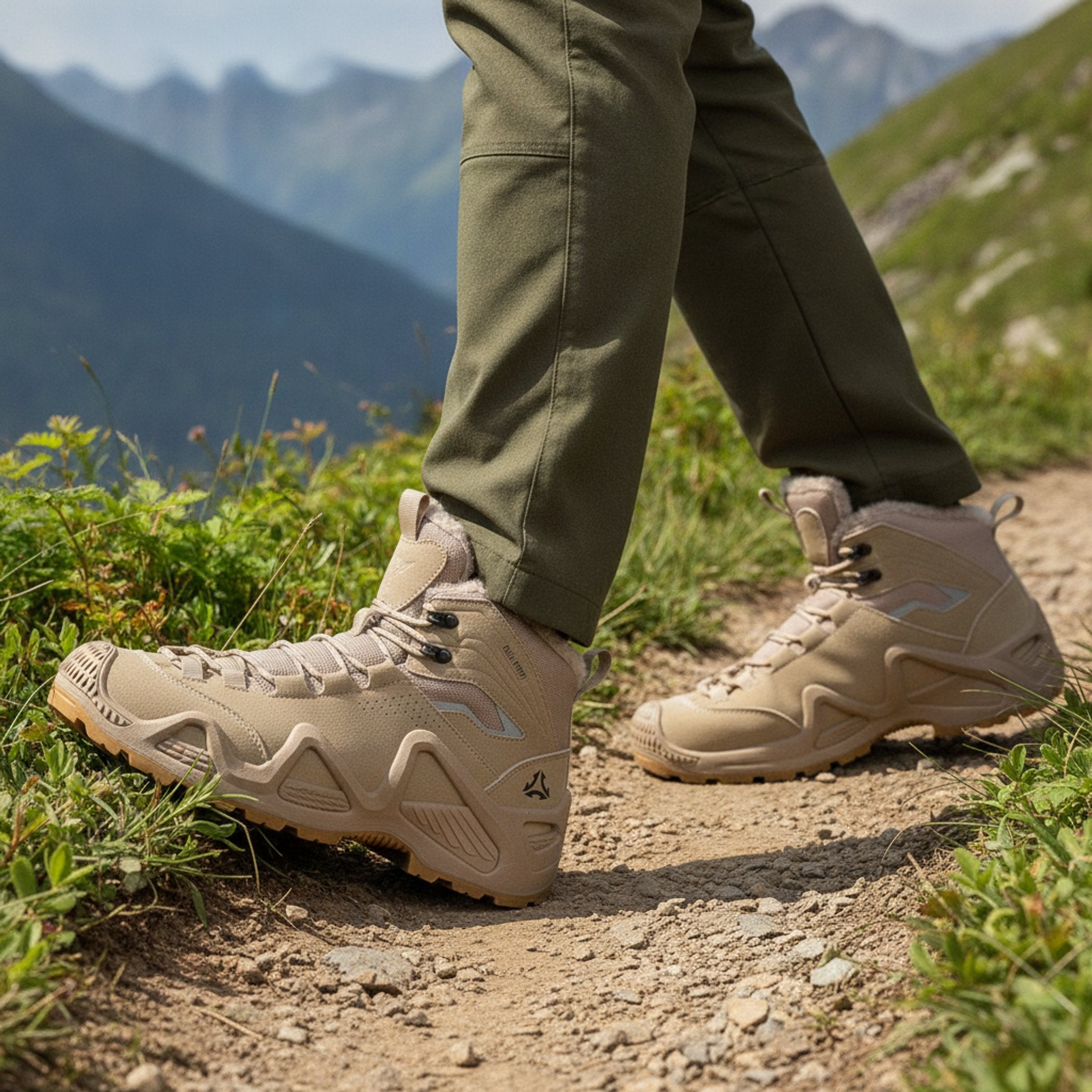 Henner Hennert Mount 2.0 Warmfutter Wanderschuhe Unisex in Beige – seitliche Gehbewegung auf dem Wanderweg