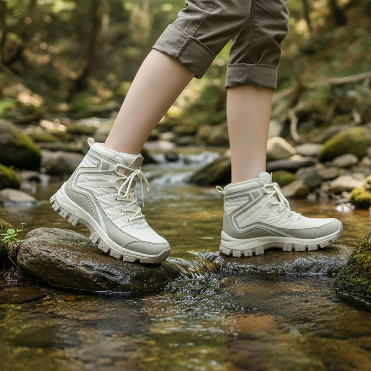 Henner Domea – Bequeme Outdoor-Schnürstiefel, warm gefüttert Wanderschuhe Damen in Beige – Überquerung eines Bachs
