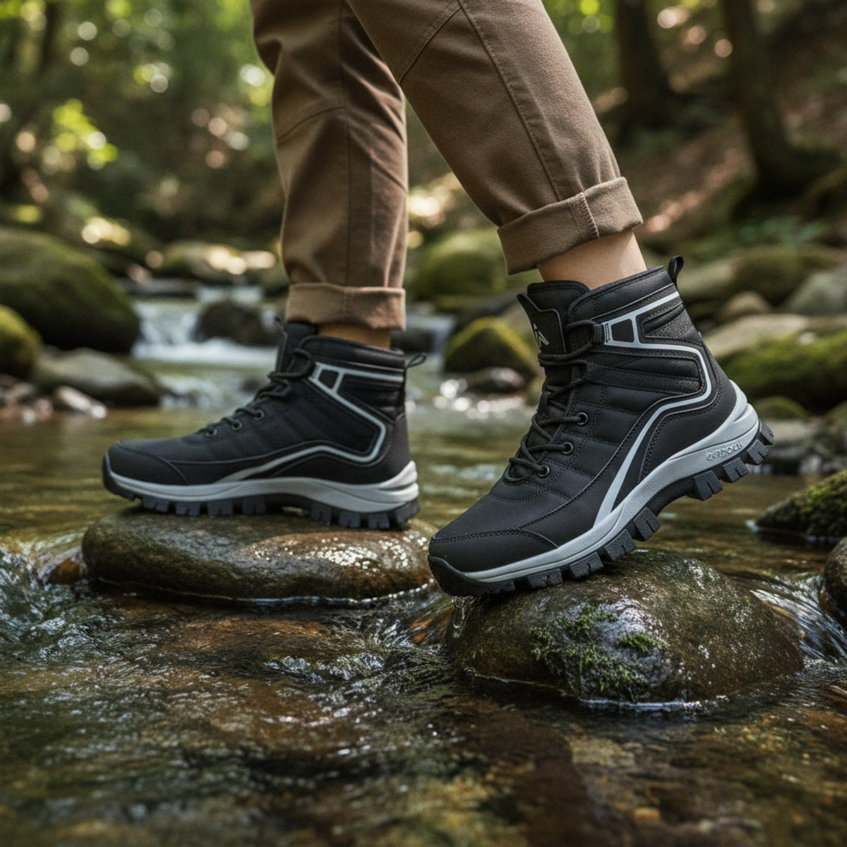 Henner Domea – Bequeme Outdoor-Schnürstiefel, warm gefüttert Wanderschuhe Damen in Schwarz – Überquerung eines Bachs